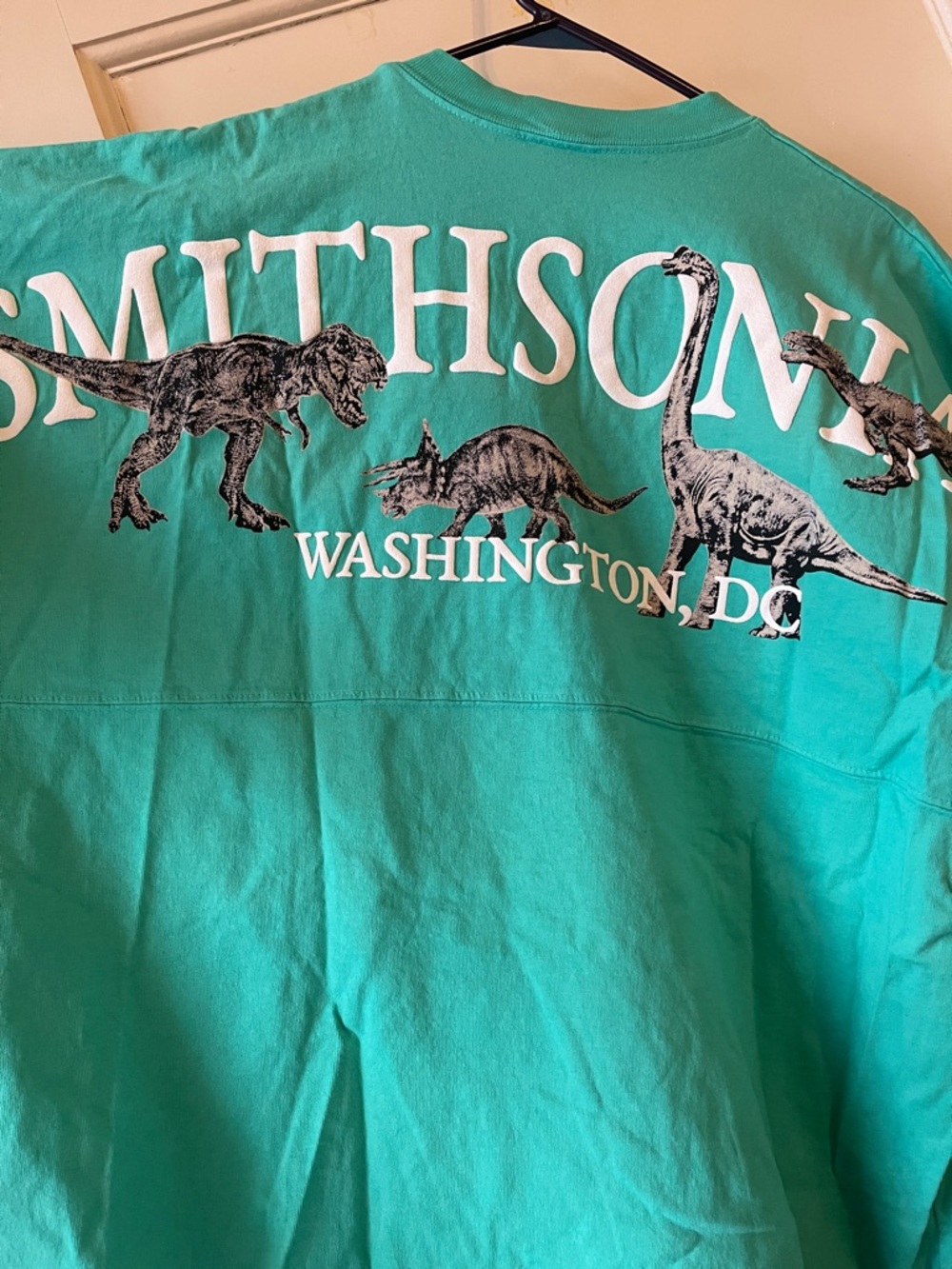 SPIRIT JERSEY Smithsonian Teal Long Sleeve Graphic Tee Washington DC Dinosaur